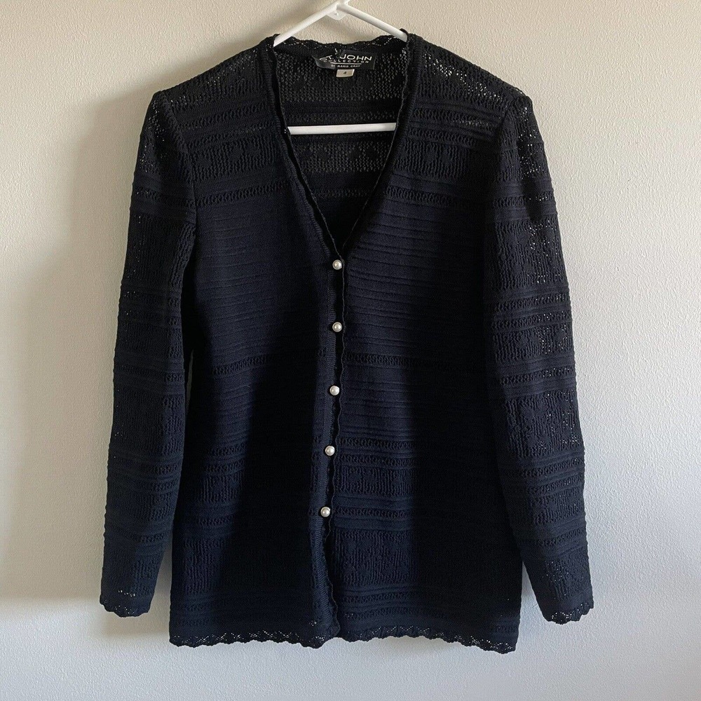 St. John Marie Gray Black‎ Cardigan Sweater Size 4 V Neck Pearl Button Front